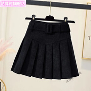 潔萍雅卡其色燈芯絨半身裙女2023年秋冬韓版復古百褶裙百搭高腰A字短裙 黑色 配腰帶 M