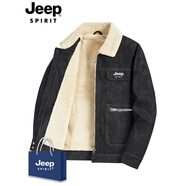 JEEP SPIRIT羊羔絨外套男士秋冬季加絨加厚麂皮絨夾克毛領(lǐng)工裝飛行員棉衣服 黑色 M (90-115斤)