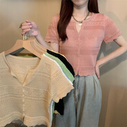 KAHTOP2025夏新款韓版短袖針織衫夏季女修身短款條紋上衣女裝打底衫BLL 法式溫柔領(lǐng)V粉紅色 均碼 【75斤-120斤】