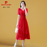 皮爾卡丹（pierre cardin）新款裙子2023年夏季女裝夏天長(cháng)裙超仙紅色中長(cháng)款大擺雪紡連衣裙潮 大紅 180/3XL