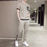 杰伽尼短袖t恤男套裝冰絲棉薄款兩件套夏季韓版潮流休閑大碼半袖體恤衫 03#卡其 XL