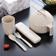 巧居巧具小麥秸稈餐具泡面碗帶蓋飯碗個(gè)人專用碗具套裝湯碗大號(hào)碗筷家用 【卡其米】7件套