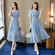 牽黛小香風(fēng)V領(lǐng)連衣裙女長(zhǎng)款2023夏新款荷葉袖A字裙短袖高腰長(zhǎng)裙子仙 藍(lán)色 2XL