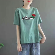 歐洛黛純棉短袖t恤女寬松2025夏季韓版顯瘦圓領(lǐng)半袖休閑時(shí)尚體恤女上衣  綠色（A玫瑰） L