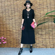 VJZE廣州十三行高端女裝連衣裙針織棉女2024秋冬新款高級時(shí)尚寬松遮肚 黑色口袋牡丹花貼布連衣裙 XL80-115斤