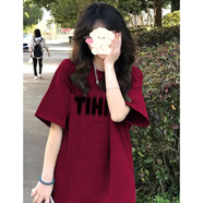 美式oversize酒紅色短袖t恤女小眾設計感國潮牌純棉顯瘦夏季上衣 酒紅色（100%純棉） L（建議105-130斤 衣長(cháng)72）