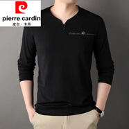 皮爾卡丹（pierre cardin）高檔2024純棉長袖t恤男休閑薄款體恤上衣春秋季中年男裝V領(lǐng)打底衫 黑色【春秋款】 190/4XL