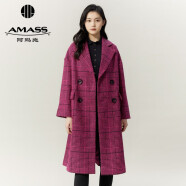阿玛施（AMASS）新款长款翻领宽松复古格纹羊毛呢大衣外套女5400828 树莓紫 XS(1码)