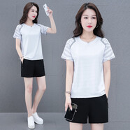 匹卡特t恤女短袖女裝夏裝套裝女夏季女裝運動(dòng)服寬松體恤女士休閑褲夏天 7576白衣+短褲 XL