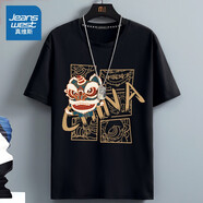 真維斯（Jeanswest）透氣冰絲短袖t恤男夏季休閑潮流上衣服寬松學(xué)生青少年涼感體恤衫 黑色(大功夫醒獅) L /175(體重120-140斤左右)