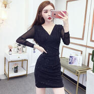 西垂宮秋冬新款裙子女2023流行V領(lǐng)網(wǎng)紗性感緊身包臀打底裙長袖連衣裙子 黑色 S