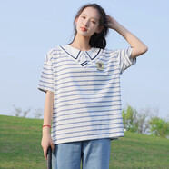方糖姑娘初中女生夏裝短袖體恤海軍領條紋學院風青少女休閑上衣夏季T恤潮 83079SC藍條T恤 XL