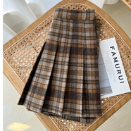 忻縈毛呢百褶裙秋冬格子棕色加厚女高腰防走光半身裙子顯瘦a字短褲裙 毛呢深棕格 2XL 115-124斤