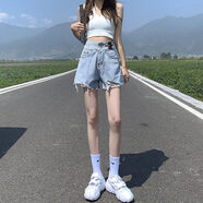 自由探戈高腰牛仔短褲女2025年新款寬松闊腿顯瘦字辣妹超短熱褲 淺藍 L