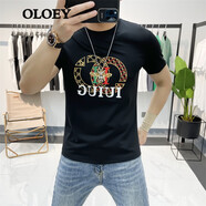OLOEY 香港潮牌小蜜蜂刺繡T恤男2025夏季新款亮片圓領(lǐng)絲光棉男士短袖 黑色 2XL