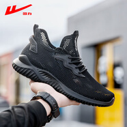 回力男鞋秋冬季透氣網(wǎng)鞋男士軟底薄款網(wǎng)面休閑百搭運動(dòng)一腳蹬黑色跑步 純黑 40