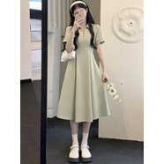 GOCHIEI新中式盤扣POLO領(lǐng)小黑裙子女2025年夏季短袖休閑t恤連衣裙女 綠色_長款 M