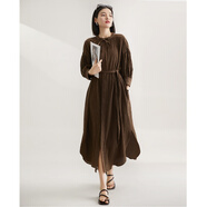 笑涵閣【不費力時(shí)髦】提花皺感/蘭精天絲棉/立領(lǐng)襯衫式連衣裙 太妃褐. S