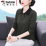 啄木鳥(niǎo) 條紋翻領(lǐng)上衣女T恤長(cháng)袖純棉新款秋裝寬松有領(lǐng)polo衫女 軍綠條紋 2XL