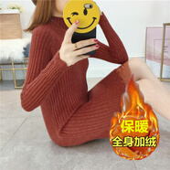冬天保暖加絨毛衣女加厚中長(zhǎng)款針織毛線(xiàn)打底衫秋冬套頭修身顯瘦韓版 加絨款半高/領(lǐng)焦糖色 L