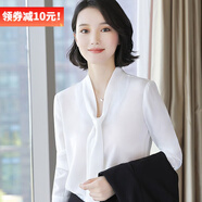 DGPZ 雪紡襯衫系帶蝴蝶結(jié)飄帶女裝上衣職業(yè)通勤正裝工作服上衣LX553 白色長 3XL
