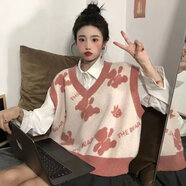 賢語秋冬新款學(xué)院風(fēng)圓領(lǐng)復(fù)古純色毛衣女學(xué)生韓版寬松中長款百搭針織衫 西瓜紅 馬甲 S 【關(guān)注店鋪】