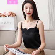 秦菲（QINFEI）性感蕾絲小吊帶背心女夏季外穿打底寬松一字領(lǐng)背心內(nèi)搭無(wú)袖上衣薄 黑色 3XL