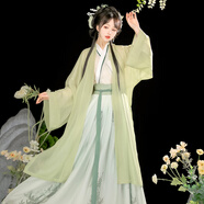 卡輯 原創(chuàng)漢服女成人交領(lǐng)齊腰襦裙仙氣飄逸晉制日常古裝春夏新品 青竹裳（上衣+襦裙+外紗） S