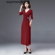 vuzrmm輕奢品牌女裝2021秋裝新款氣質(zhì)V領(lǐng)中年長(cháng)連衣裙女裝修身晚禮服早秋 紅色 L