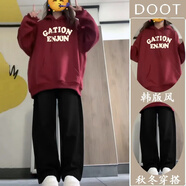 DOGHC12大童女裝春秋季套裝15初高中學(xué)生18女生新款連帽衛(wèi)衣寬松休閑褲 紅衛(wèi)衣+黑褲子 【套裝】 加絨 M 建議【85-100斤】