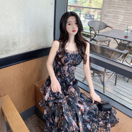 miss nitaly長(zhǎng)裙女夏天新款法式小眾復(fù)古溫柔風(fēng)修身收腰碎花雪紡吊帶連衣裙 花色 M