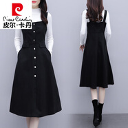皮爾卡丹（pierre cardin）兩件裝裝毛衣背帶連衣裙女2024年秋冬新款氣質媽i媽毛呢吊帶背心 黑色背帶裙配白毛衣 M (90-100斤)