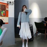 艾珠兒長袖針織連衣裙女秋冬裝新款高冷御姐風(fēng)成熟設(shè)計感小眾女裝裙子女 藍色毛衣加吊帶裙 L