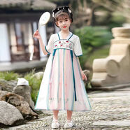 微曼小鹿 童裝漢服 女童短袖漢服夏款中國風(fēng)古裝漢服 兒童漢服連衣裙 176 墨綠色 兔子款漢服 150