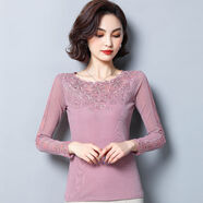 FZMF春秋薄款圓領(lǐng)蕾絲打底衫女新款長(cháng)袖網(wǎng)紗上衣加絨媽ma裝T恤 皮粉色 (春夏薄款) XL 【108-115斤】