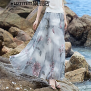 vuzrmm潮牌碎花新款夏季雪紡半身裙大擺長(zhǎng)裙百褶裙高腰大碼沙灘裙半身長(zhǎng)裙女 灰底大花 S/1.8-1.9尺85厘米