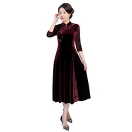 鴻韻繡旗袍中國風(fēng)媽媽秋冬新款改良時(shí)尚中長(cháng)款旗袍連衣裙高端婚宴禮服 酒紅 4XL