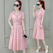 韓國連衣裙女夏季2023新款時(shí)尚收腰仙女短袖小個(gè)子腰帶裙子 粉色 【送腰帶】 S 75-90斤左右)