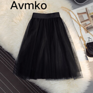 Avmko新款網(wǎng)紗蓬蓬短裙韓版高腰A字大擺裙顯瘦遮胯打底半身裙小個(gè)子 黑色 均碼