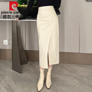 皮爾卡丹高檔品牌女裝壓褶長裙毛呢半身裙女冬季2022新款高腰直筒裙氣質(zhì)開叉呢子包臀裙顯瘦 杏白色 2XL
