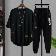 VZVJ胖子短袖套裝加肥加大碼T恤兩件套胖子男裝長(cháng)褲休閑套裝夏季薄款 PM黑色(上衣+字母褲) 8XL(260-300斤)