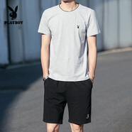 花花公子（PLAYBOY）短袖T恤男2025夏季套裝男潮流百搭圓領(lǐng)短袖短褲兩件套情侶裝T恤 灰色（1826TZ套裝） 4XL