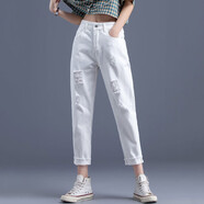 雪沐蓉 白色牛仔褲女寬松2020年夏季新款哈倫褲百搭老爹褲女士時(shí)尚高腰九分褲破洞乞丐褲 白色破洞款 28