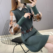 妍莉芬（yanlifen）春季套裝女2025新款時(shí)尚洋氣休閑氣質(zhì)中長款針織馬甲連衣裙兩件裝 綠色【兩】 L 106-115斤