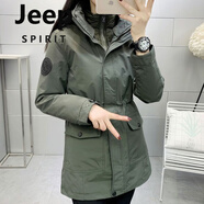 JEEP SPIRIT冬季戶(hù)外中長(cháng)款沖鋒衣女防水防風(fēng)三合一可拆卸加厚大碼風(fēng)衣外套男 女軍綠 L