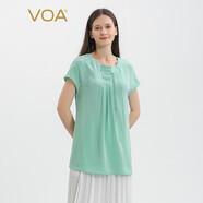 VOA30姆米重磅桑蠶絲淡綠色圓領(lǐng)珍珠紐扣立體褶裥包袖寬松真絲T恤 BE1081 霜凋夏綠（G45） XL