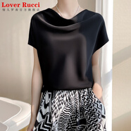 LOVER RUCCI法式真絲堆堆領(lǐng)短袖女士醋酸緞面上衣2025夏裝新款桑蠶絲t恤小衫 黑色 2XL 適合體重110-120斤】