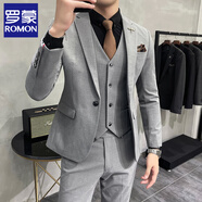 羅蒙品牌輕奢高端西裝套裝男大碼男裝純色西服套裝男三件套新郎結婚禮服西裝伴郎 淺灰色【西裝+馬甲+西褲】 XL