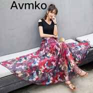 Avmko潮2025夏新款高腰顯瘦雪紡半身裙波西米亞碎花大擺A字沙灘裙長裙 燦碟 M