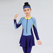 柯帛女童中大童泳衣連體長(cháng)袖長(cháng)褲帶裙沙灘少女潛水服女生沖浪 藍色拼 4XL(160-165cm 100-110斤)